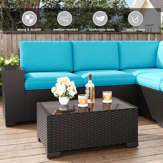 LayinSun 6 Pieces Patio Furniture Set, Black Rattan Modular Sectional Outdoor Conversation Sofa Set