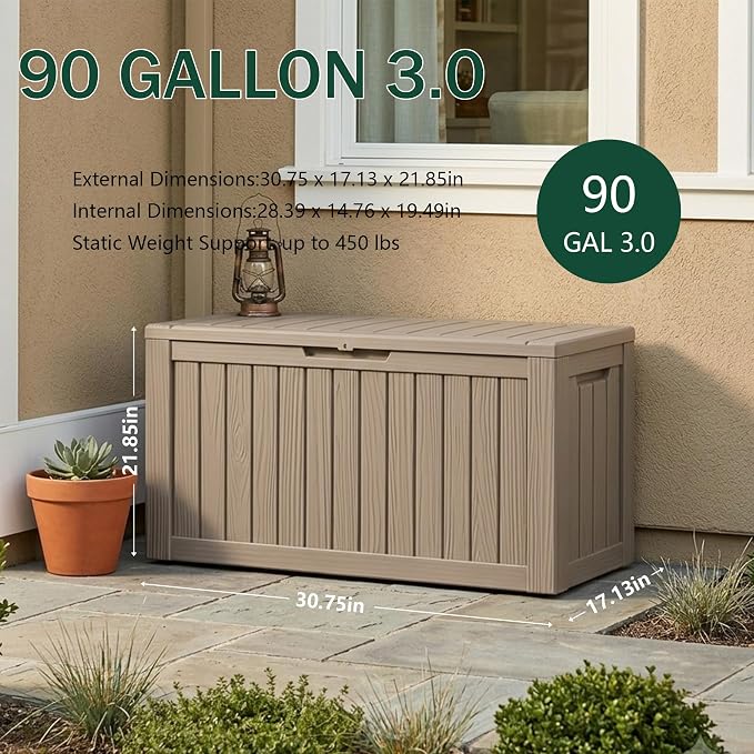 Outdoor Storage Box, 90 Gallon Waterproof Deck Box [Upgraded 3.0], Robust Weatherproof Organizer for Deep-Seat Cushions, Sports Equipment, Lockable Garden Tool Bench Seat, Side Yard, Grey