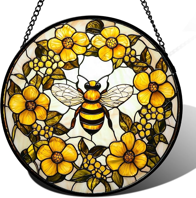 Stained Glass Window Hanging - Yellow Flowers Surrounded by Bees Sun Catcher for Door Garden Home Decor Cute Suncatcher Christmas Mother's Day Birthday Gifts for Women Men Mom Nana 7.8 in