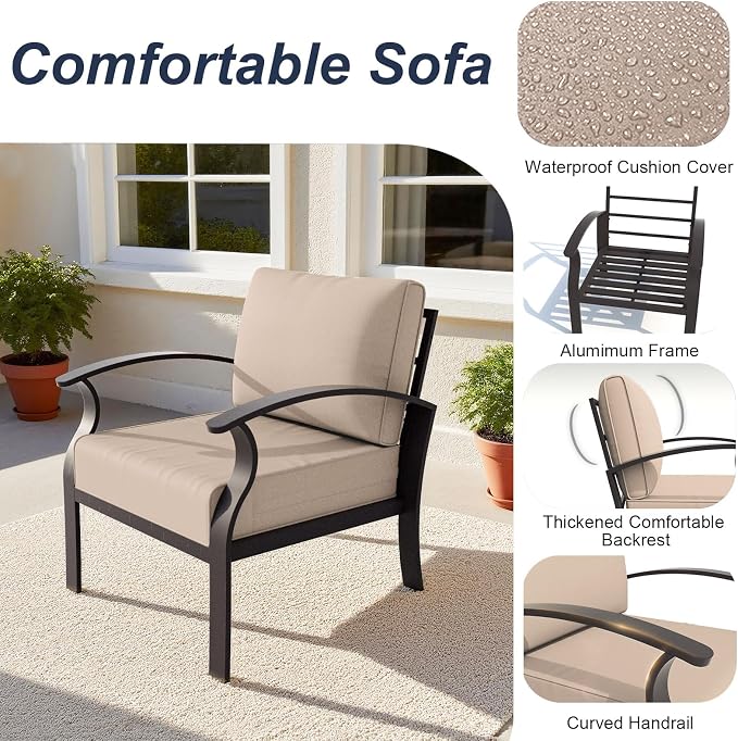 ALAULM Aluminum Patio Furniture Set with Propane Fire Pit Table Metal Outdoor Furniture w/Fire Pit Patio Conversation Sets w/5.1" Cushions and 7 Seats for Patio,Backyard,Poolside-Khaki