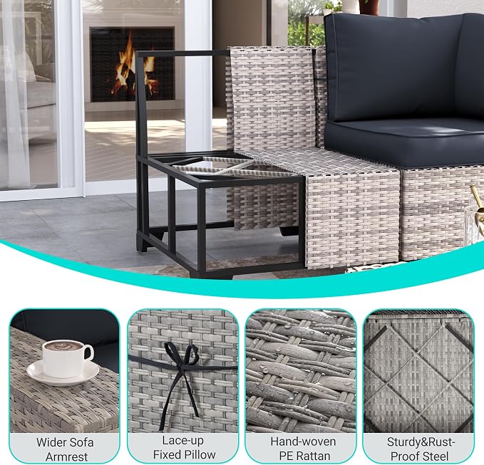 13-Piece Outdoor Patio Furniture Set with Rocking Swivel Chair, PE Wicker Rattan Sectional Sofa Patio Conversation Set with 55,000 BTU Fire Pit Table & Coffee Table, Dark Grey