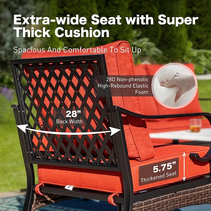 SUNSHINE VALLEY 6 Piece Metal Outdoor Patio Furniture Set, Patio Conversation Set with Swivel Chair and 5.75" Thick Cushion & Coffee Tabl, Outdoor Seating Black Frame Backyard Furniture, Rust Red