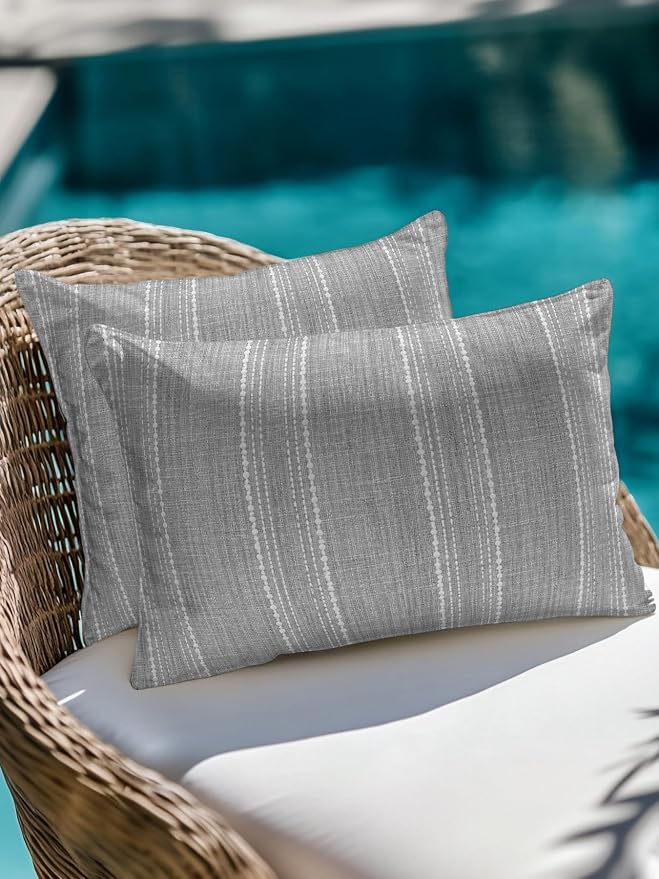 Vandarllin Waterproof Outdoor Pillow 1 Pack Gray Linen Stripes Decorative Throw Pillows Cover & Insert 20x12 Inch Lumbar Pillowcase Parallel Vertical Lines Pillows for Couch Sofa Bed Patio Furniture