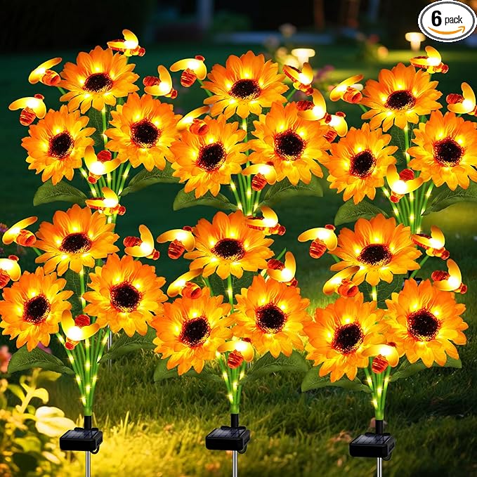 ANGMLN Solar Garden Lights 6 Pack Solar Swaying Bee Lights with Sunflowers, Gifts for Mom Women Mothers Day, Waterproof Firefly Flower Light for Outdoor Decor,Decoration for Patio Yard Landscape