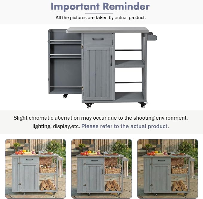 Outdoor Storage Deck Box and Kitchen Prep Station, Fir Wood Patio Storage Cabinet with Stainless Steel Top, Mobile Grill Cart with Lockable Wheels and Spice Rack for Backyard, 40.5 Inch, Grey