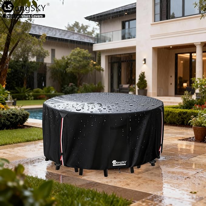 Round Patio Furniture Covers,600D Heavy Duty Waterproof Outdoor Furniture Cover for Round Dining Table with Rocking Swivel Chairs Set,62" Dia x 28" H Black