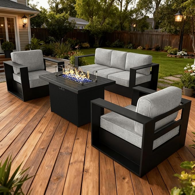 LayinSun Oversized Aluminum Outdoor Furniture Set, 4 Piece Patio Sofa Sets with Fire Pit Table, Deep Seating and Upgraded 6-inch Cushions for Porch, Balcony, Deck
