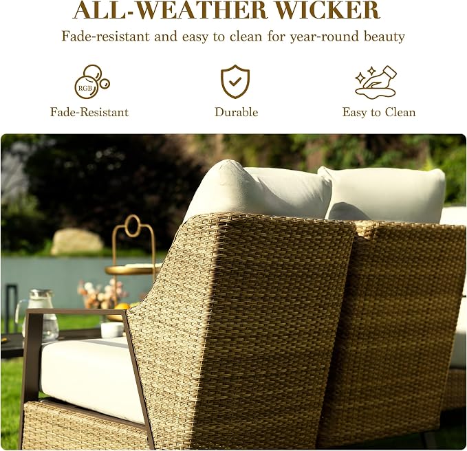 4 Piece Outdoor Patio Furniture Set, All-Weather Wicker Conversation Set with 4.72" Thick Olefin Cushions - 3-Seat Sofa, 2 Armchairs and Coffee Table for Backyard Deck Porch, Balcony, Beige