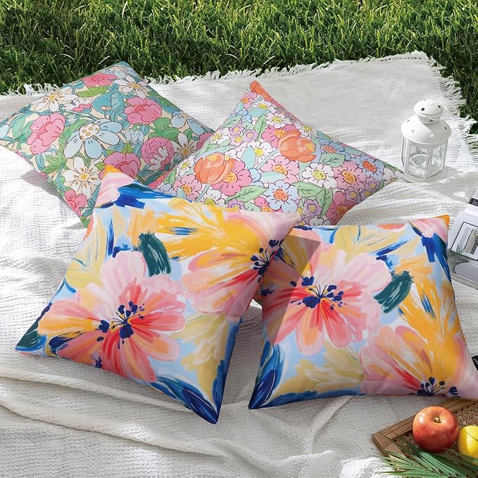 JASEN Waterproof Outdoor Throw Pillow Covers, Colorful Floral Decorative 18x18 Inch for Patio Furniture, Garden & Beach - Pack of 2