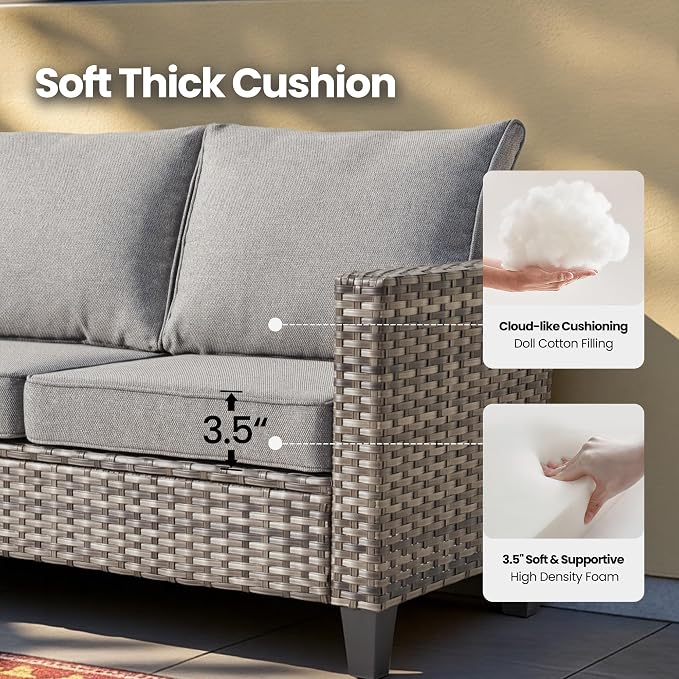 4 Piece Wicker Patio Furniture Set with Solar Table, Dark Gray | Outdoor Deep Seating Sofa Chair, Solar Lights Table, All Weather Rattan, Modern Conversation Set, Porch Deck Backyard