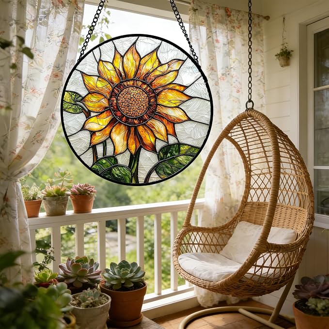 DASTOLL Stained Glass Window Hanging - Sunflower Flower Suncatcher Ready to Hang Window Doors Home Decoration and Christmas, Mother's Day Birthday Gifts for Women, Men, and Mom 7.8x7.8 in
