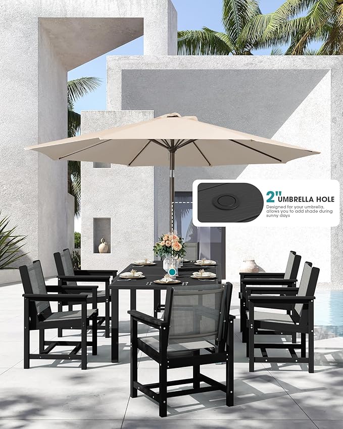 SERWALL 9-Piece Outdoor Dining Set, 60" - 83" Expandable Patio Dining Table with 8 Breathable Textilene Chairs, All Weather HDPE Patio Furniture Set, Black
