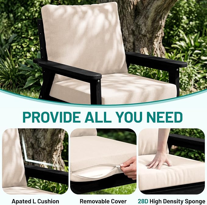 PLUUV 5-Piece HDPE Patio Furniture Set, Outdoor Sectional Conversation Set with Thick Washable Cushions & Coffee Table, All-Weather Modular Couch, Black Frame with Khaki Cushion