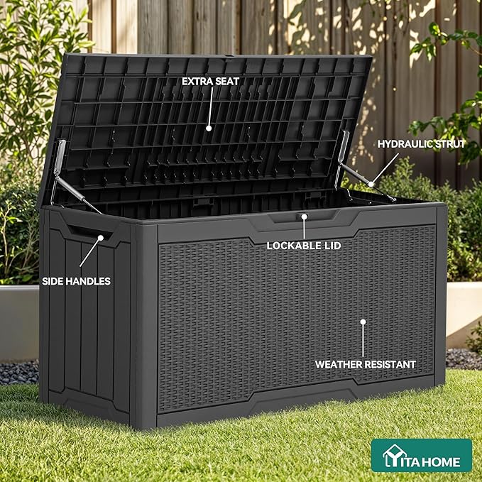 YITAHOME 80 Gallon Outdoor Storage Box, Large Water Resistant Resin Deck Box, Indoor Outdoor Lockable Rattan Storage Container for Patio, Garden, Cushions, Tools, Equipment (Dark Gray)