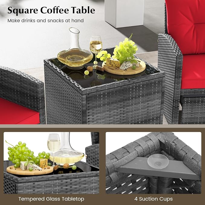 Tangkula 5 Pieces Patio Conversation Set, PE Wicker Rattan Outdoor Furniture Set with 2 Chairs, 2 Ottomans & Tempered Glass Coffee Table, Ideal for Poolside, Backyard, Lawn, Deck, Mix Grey & Red