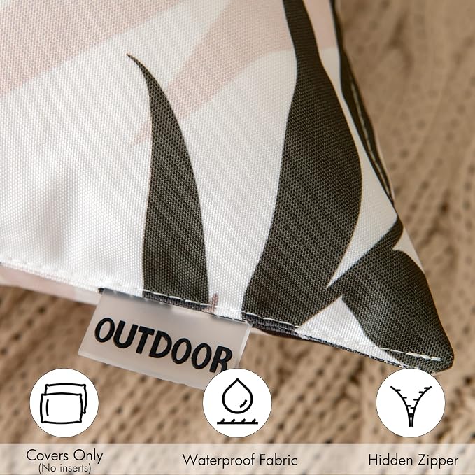 MIULEE Outdoor Waterproof Throw Pillow Covers 18x18 Coffee Brown Pack of 2 | Decorative Patio Pillow Cases Natural Leaves Pattern Spring Square Cushion Shams Shell for Garden Balcony Couch