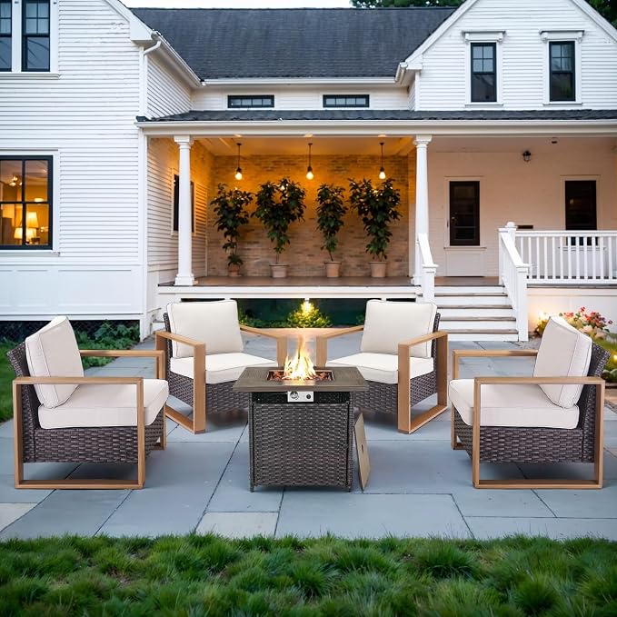 Belord Social 5 Pieces Patio Furniture Set - Patio Chairs Set of 4 with 50000BTU Propane Fire Pit Table, Durable Wicker Outdoor Conversation Set for Casual Gathering