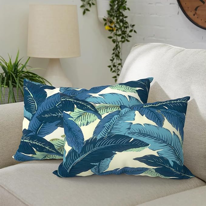 DYTXIII Pack of 2 Outdoor Waterproof Lumbar Pillow Covers ONLY, 12x20 Rectangle Decorative Double Printed Pillow Cases for Patio Couch Porch Furniture - Swaying Palms Blue