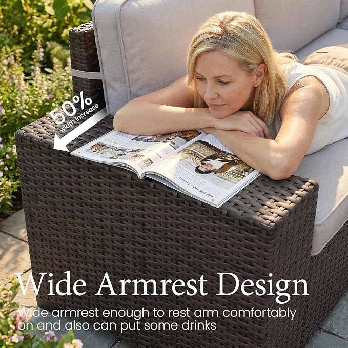 LayinSun 13 Pieces Outdoor Patio Furniture Set with 44" Fire Pit Table Brown Rattan Sectional Sofa Conversation Sets