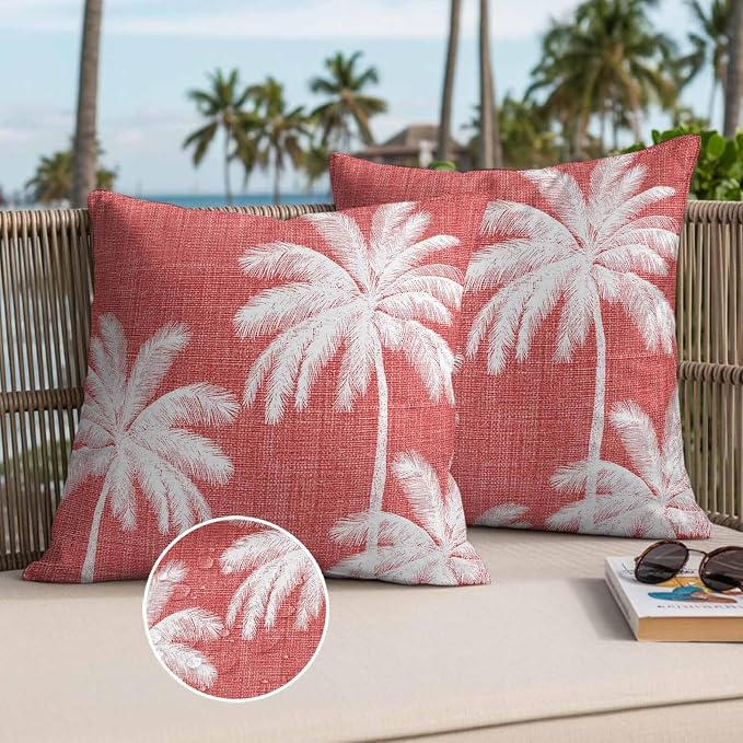Outdoor Pillow Covers 16x16 Inch Set of 2, Coral Red Palm Trees Waterproof Throw Pillow Covers, Farmhouse Tropical Summer Beach Decorative Cushion Pillowcases for Couch, Sofa, Bed, Garden, Patio