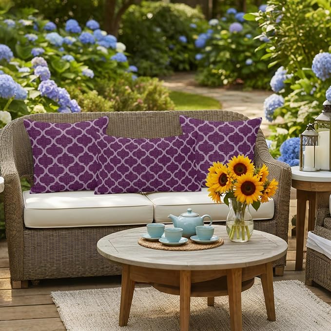 Dark Purple Moroccan Outdoor Pillow Covers 24x24 Inch Throw Pillow Covers Set of 2 Waterproof Decorative Pillow Cases Country Abstract Quatrefoil Lattice Cushion Covers for Patio Furniture Garden