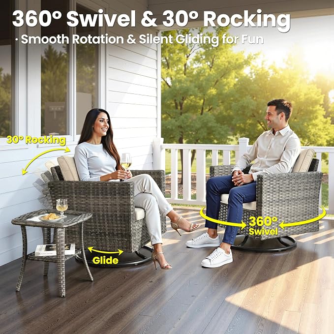 ovios 7 Pieces Patio Furniture Set, Outdoor Wicker Sofa Couch with Swivel Chairs, Rocking Glider Rocker with Comfy Cushions All Weather Rattan Conversation Set, Beige