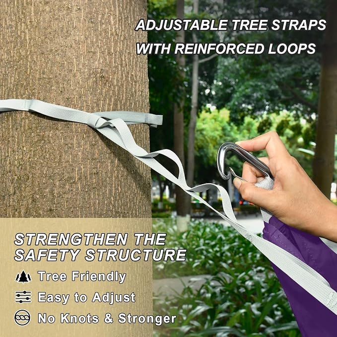 Purple Solid Color Camping Hammock, Portable Lightweight Single Hammock with Tree Straps and Aluminum Carabiners, 114" x 54" Travel Hammock for Hiking Backpacking Beach