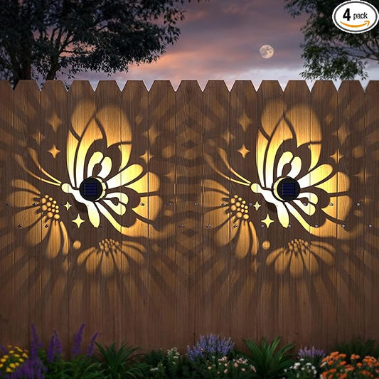 Hapjoy Solar Fence Lights 4 Pack Solar Deck Lamps Outdoor Decorations Powered Step Lights Wall Waterproof LED Warm Decorative Lighting for Garden (Butterfly-Flower, 4)