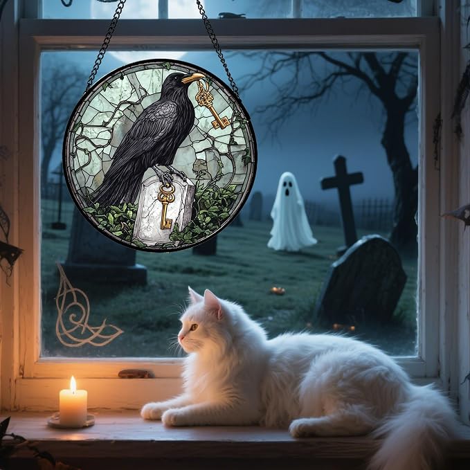 Stained Glass Window Hanging - Halloween Crow Holding A Key Suncatcher for Doors Garden Home Spooky Green Vines Sun Catchers Gothic Decor Horror Gift for Women Men Friend Boy Girl 15 in
