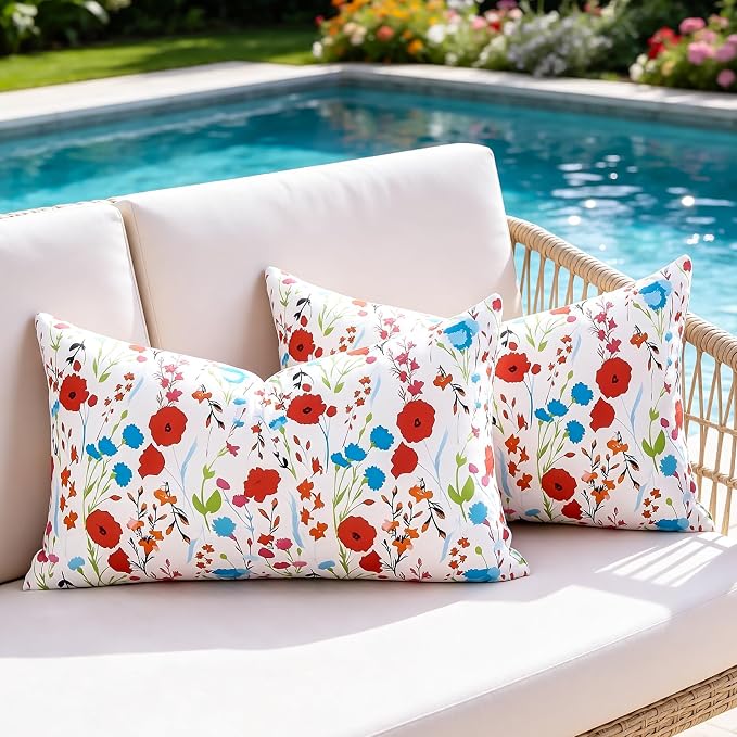 Outdoor Floral Lumbar Pillow Covers Decorative Summer Waterproof Throw Pillow Covers Red Garden Cushion Sham Throw Pillowcase 12x20 Inch Set of 2 Outside Decor for Sofa Furniture Patio Garden Tent