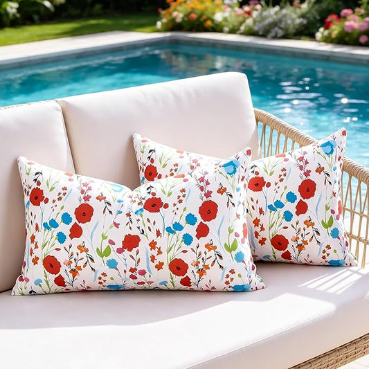 Outdoor Floral Lumbar Pillow Covers Decorative Summer Waterproof Throw Pillow Covers Red Garden Cushion Sham Throw Pillowcase 12x20 Inch Set of 2 Outside Decor for Sofa Furniture Patio Garden Tent