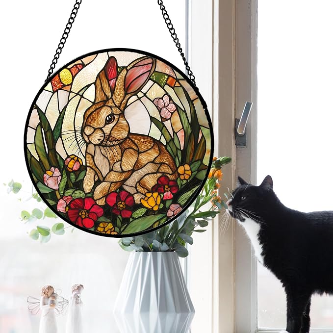 Stained Glass Window Hanging, Cute Bunny Flowers Sun Catcher for Window Door Home Decor, Rabbit Suncatcher Christmas Mother's Day Birthday Gifts for Women Men Mom and Nana 11.8 in