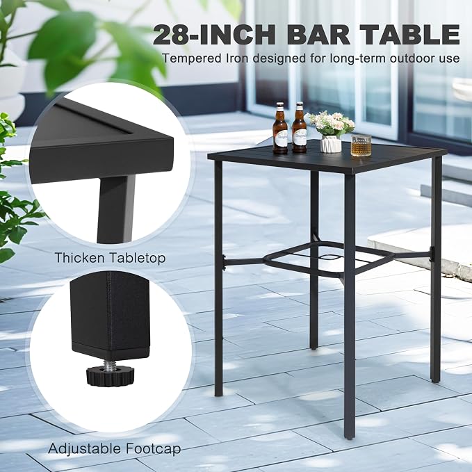 NUU GARDEN 5 Piece Patio Swivel Bar Set, All-Weather Textilene High Bistro Stools, Square Bar Table with Slatted Tabletop and Umbrella Hole for Sunroom, Backyard and Balcony