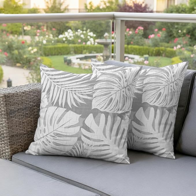 Light Grey Palm Leaves Outdoor Pillow Covers 26"x26" Set of 2, Tropical Botanical Modern Minimalist Waterproof Throw Pillow Covers for Patio Furniture, Decorative Cushion Covers for Porch