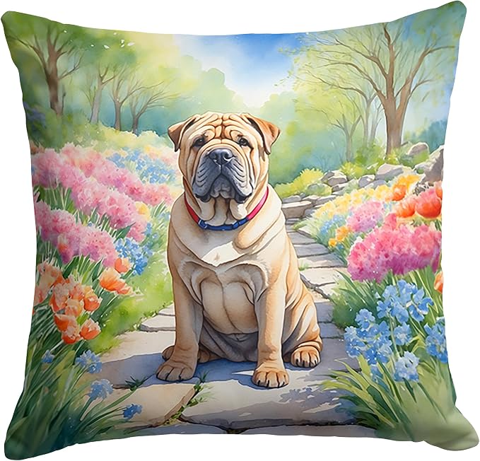 Caroline's Treasures Shar Pei Spring Path Throw Pillow Machine Washable, Indoor Outdoor Decorative Pillow for Couch, Bed or Patio, 14Hx14W