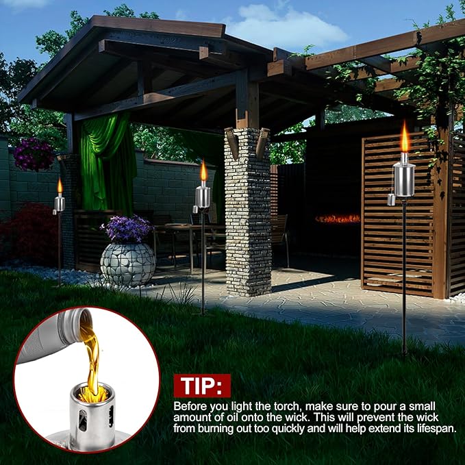 Stainless Steel Torch Canister - 12oz Metal Table Top Torches for Outside - Torch Replacement Canisters with Wick and Covers - Outdoor Torch Patio Yard Holiday Decorative Lighting