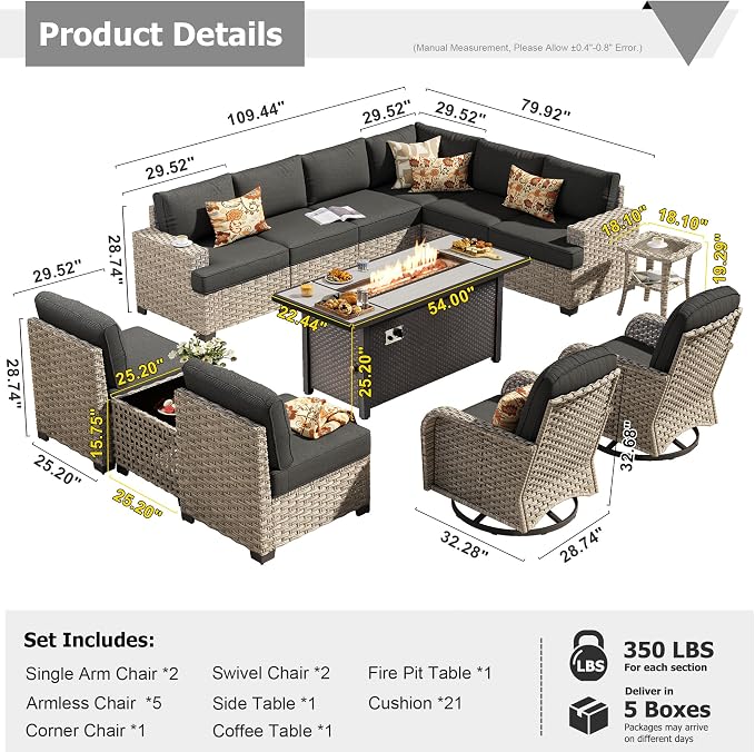 HOOOWOOO Outdoor Sectional Patio Furniture Set with Fire Pit Table,13 Pieces Wicker Conversation Sets L Shaped Couch,Extra Deep Out Door Sofa Outside Furniture with Swivel Chairs,Black