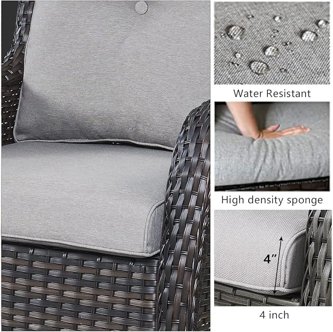 HUMMUH 4 Pieces Outdoor Furniture Patio Furniture Set Wicker Outdoor Sectional Sofa with Swivel Rocking Chairs,Outdoor Coffee Table,Brown/Grey