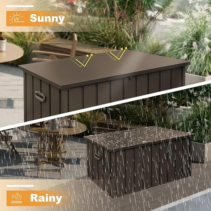 Domi 160 Gallon Deck Box, Outdoor Metal Lockable Storage Cabinet, Waterproof Steel Outdoor Bench with Lockable Lid, Side Handles & Rolling Casters for Outside Cushions, Pillows, Garden Tools, Brown
