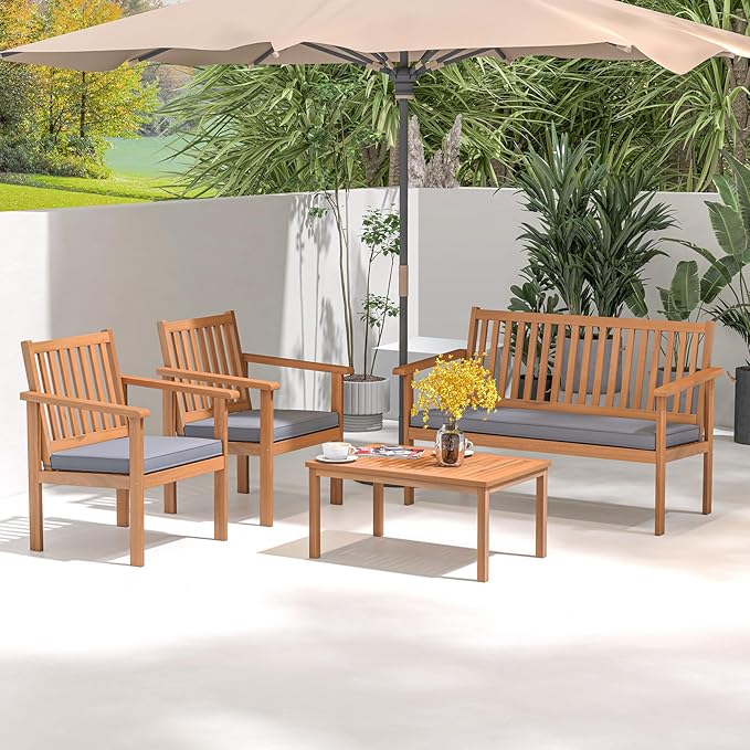 Tangkula 4 Piece Patio Wood Furniture Set, Acacia Wood Sofa Set w/Loveseat, 2 Chairs & Coffee Table, Soft Seat Cushions, Outdoor Wood Furniture Set for Porch, Yard, Balcony (Gray)