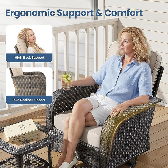 7 Piece Wicker Patio Furniture Set with Swivel Chairs,Beige | High Back Swivel Rocker Chairs, Outdoor Loveseat Sofa, Coffee Table, Rattan Conversation Set, Porch Deck Backyard Poolside