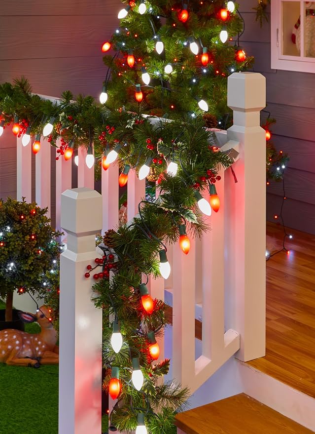 C9 Christmas Lights Outdoor, 100Ft 50 LED Red & Pure White String Lights | Waterproof Shatterproof Connectable Christmas Tree Lights for House Outside Roofline Patio Yard Home Xmas Decorations