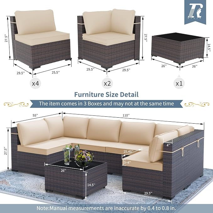 7 Pieces Outdoor Patio Furniture Set,Outdoor Sectional Furniture All Weather PE Rattan Wicker Patio Conversation Set with Coffee Table and 6 Thickened Cushions,Sand