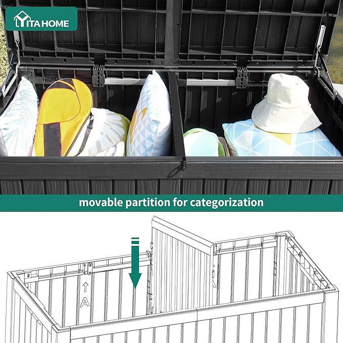 YITAHOME 180 Gallon Large Deck Box w/Divider, XL Waterproof Outdoor Storage for Patio Furniture,Outdoor Cushions, Garden Tools, Sports Equipment and Pool Supplies, Resin, Lockable, Black