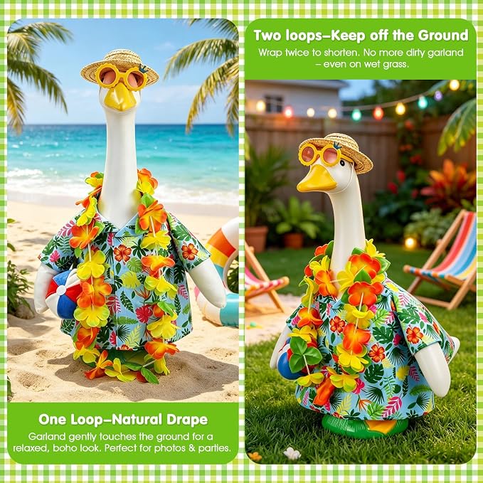 Hawaiian Porch Goose Outfits for 23" Statue, Summer Goose Clothes with Volleyball, Straw Hat, Sunglasses & Floral Wreath – Fun Tropical Lawn Decor for Garden, Patio, Beach