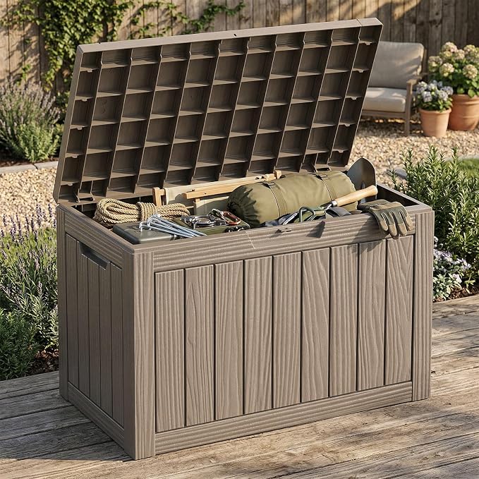 ROJIK Outdoor Storage Box, 55 Gallon Waterproof Deck Box, Weatherproof Resin Outside Storage Bin for Patio Furniture, Garden Tools, Pool Accessories, Cushion, Grey
