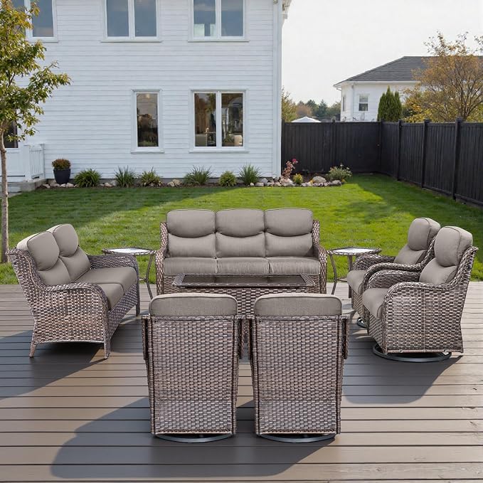 Outdoor Swivel Rocker Patio Chairs Set of 9 with 5" Thick Cushions ,9 Piece Furniture Set with Fire Pit Table All Weather Wicker Conversation Set for Porch Deck - Brown Wicker | Grey Cushions