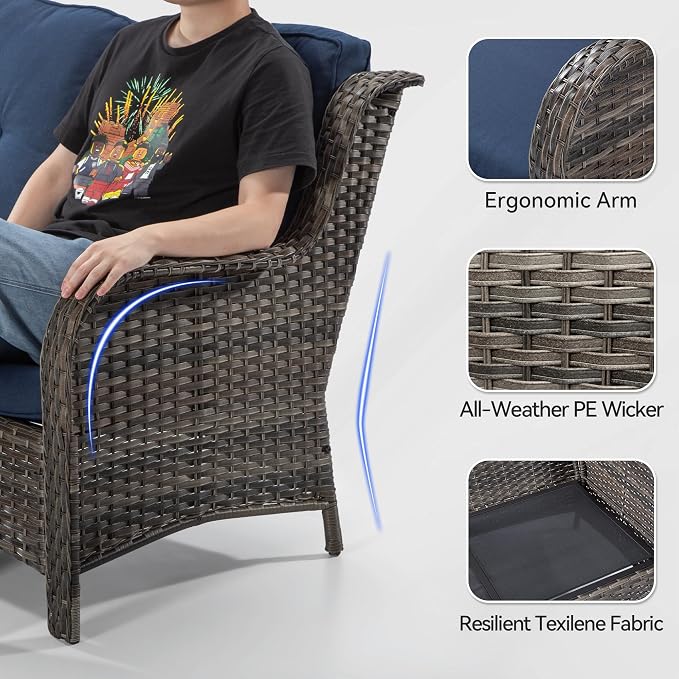 Wicker Patio Furniture Sets 7 Piece Set with One 3-Seat Sofa, 4 WIkcer Chairs, 2 Ottomans, Wicker Outdoor Furniture Set Patio Conversation Set, Blue