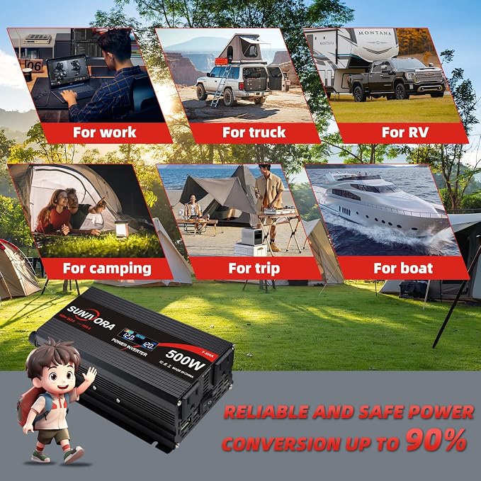 500 Watt Car Power Inverter 12V DC to 110V/120V AC Converter 1000W Peak with LCD Display, 2 AC Outlets & PD Type-C & USB 3.0, Car Plug in Adapter Outlet Supplies Power to Appliances on Car Boat