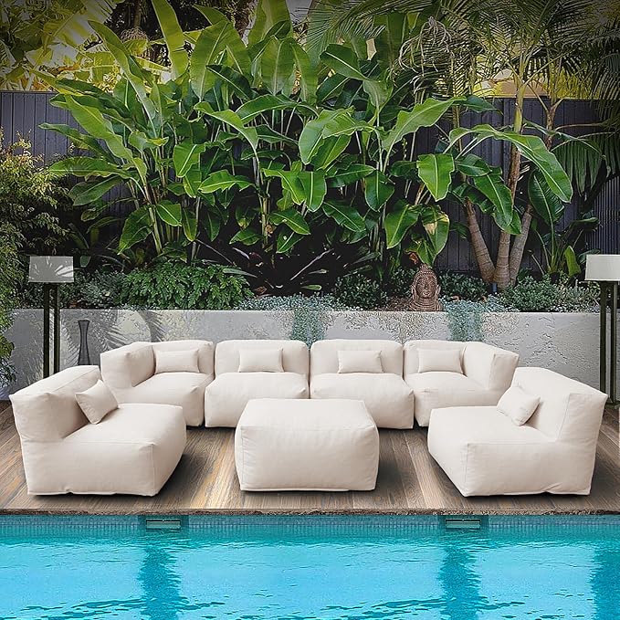 Dineli ANNYH CALALUNA 7Pc Patio Garden Furniture Sectional Conversation Set.Combines 4Middle, 2Corner, 1Ottoman/Coffee Outdoor Exp Foam Filled Chairs. A Unique Modular Contemporary Sofa (Light Beige)